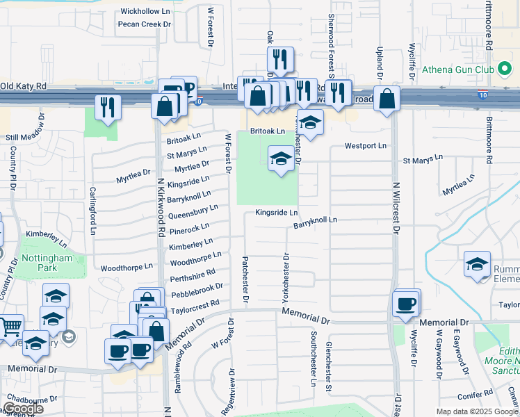 map of restaurants, bars, coffee shops, grocery stores, and more near 13730 Barryknoll Lane in Houston