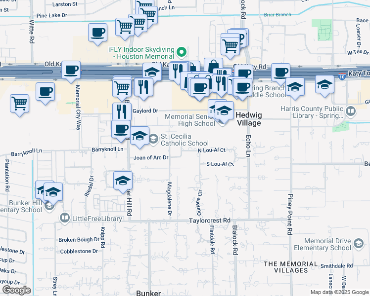 map of restaurants, bars, coffee shops, grocery stores, and more near 917 Constance Drive in Houston