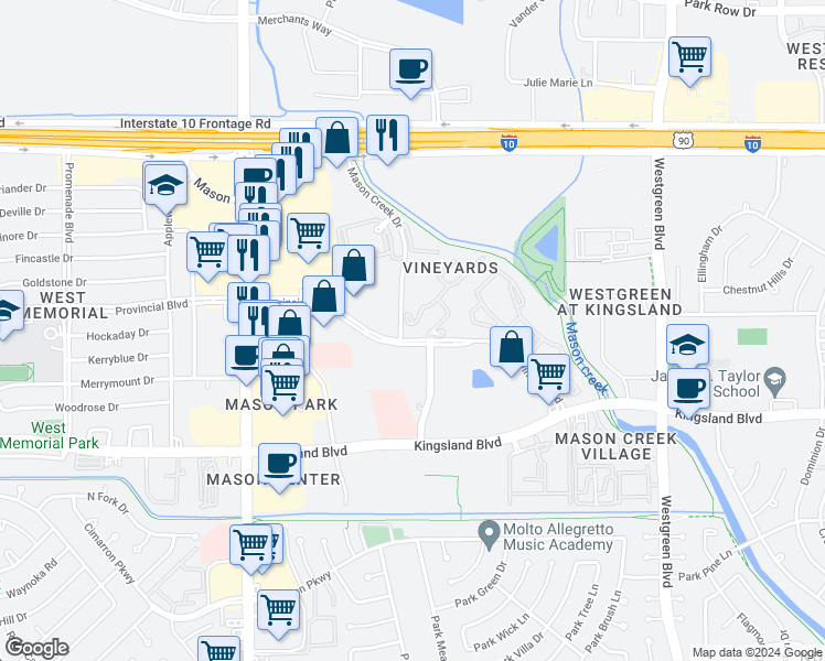 map of restaurants, bars, coffee shops, grocery stores, and more near 21534 Provincial Boulevard in Katy