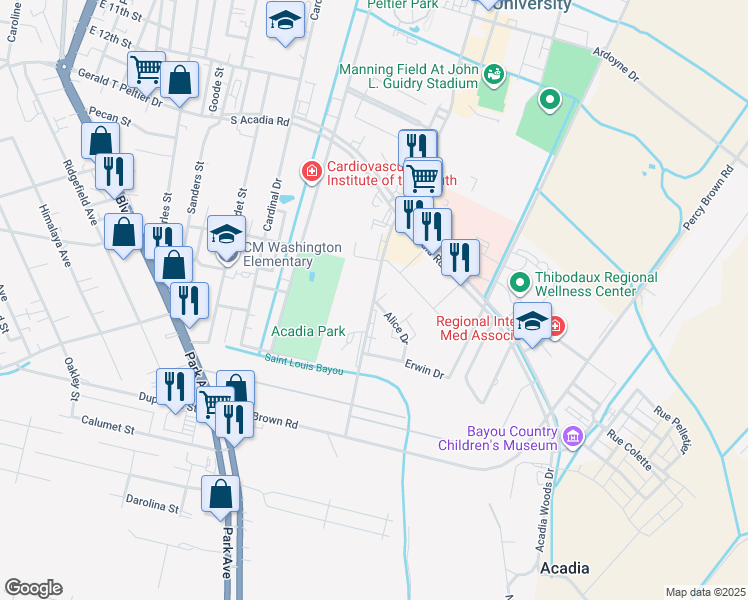 map of restaurants, bars, coffee shops, grocery stores, and more near 2104-2112 Audubon Ave in Thibodaux