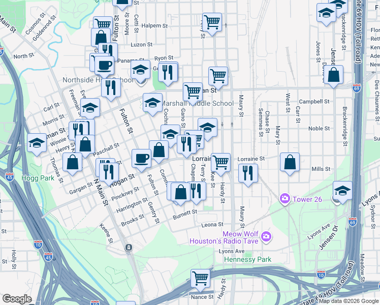 map of restaurants, bars, coffee shops, grocery stores, and more near 1920 Chapman Street in Houston