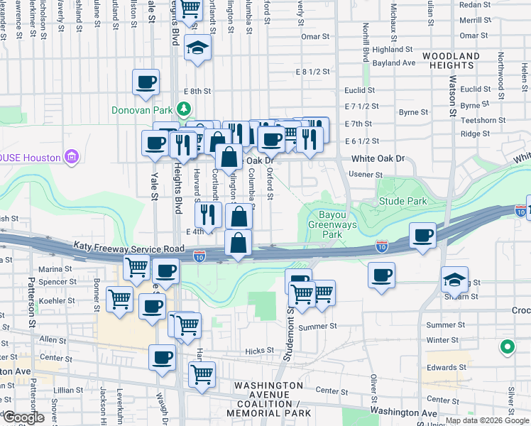 map of restaurants, bars, coffee shops, grocery stores, and more near 448 Columbia Street in Houston
