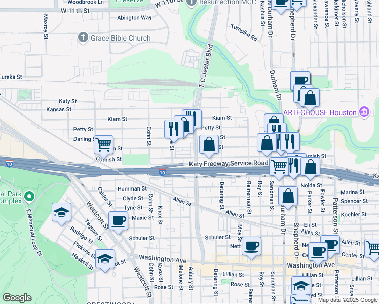 map of restaurants, bars, coffee shops, grocery stores, and more near 451 T C Jester Boulevard in Houston
