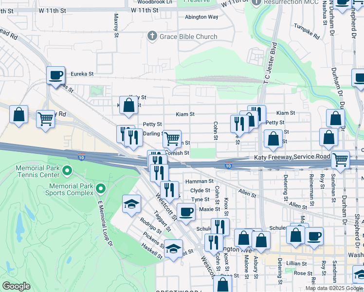 map of restaurants, bars, coffee shops, grocery stores, and more near 5729 Darling Street in Houston