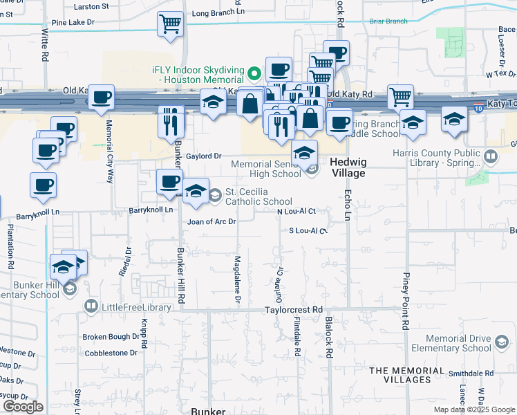 map of restaurants, bars, coffee shops, grocery stores, and more near 917 Constance Drive in Houston
