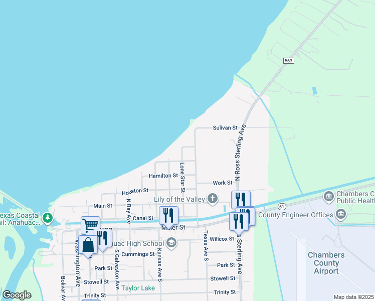 map of restaurants, bars, coffee shops, grocery stores, and more near 611 North Lone Star in Anahuac