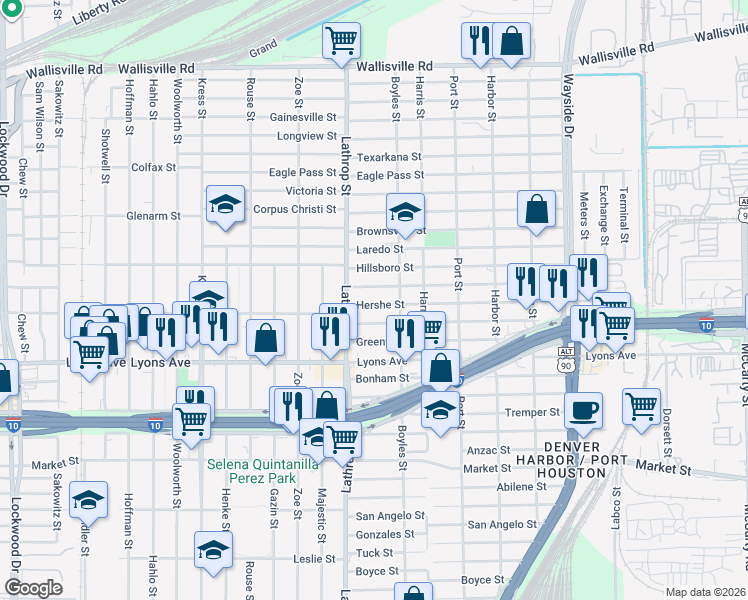 map of restaurants, bars, coffee shops, grocery stores, and more near 7029 Waxahachie Street in Houston