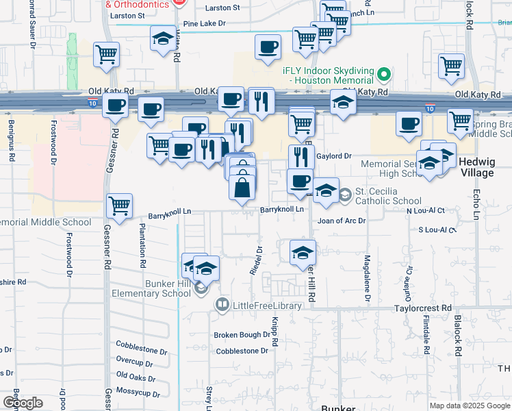 map of restaurants, bars, coffee shops, grocery stores, and more near 11900 Barryknoll Lane in Houston