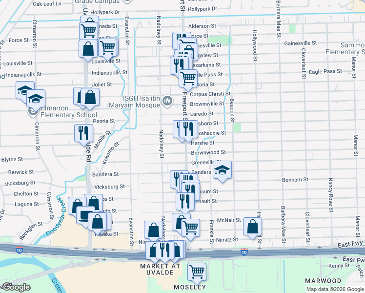 map of restaurants, bars, coffee shops, grocery stores, and more near 13825 Hershe Street in Houston