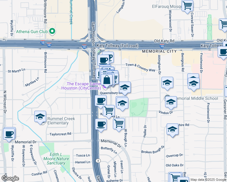 map of restaurants, bars, coffee shops, grocery stores, and more near 12808 Queensbury Lane in Houston