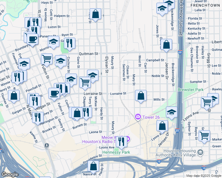 map of restaurants, bars, coffee shops, grocery stores, and more near 1924 Elysian Street in Houston