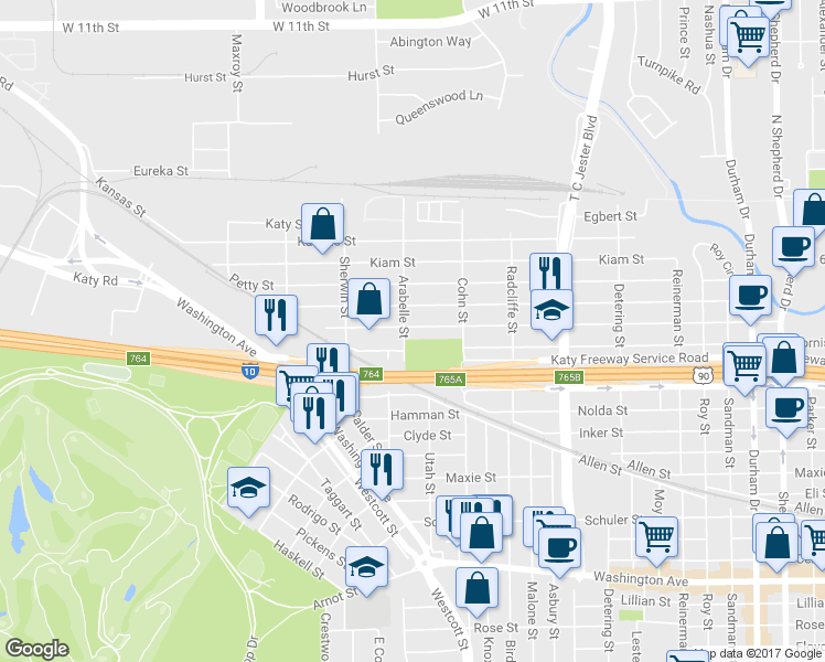 map of restaurants, bars, coffee shops, grocery stores, and more near in Houston