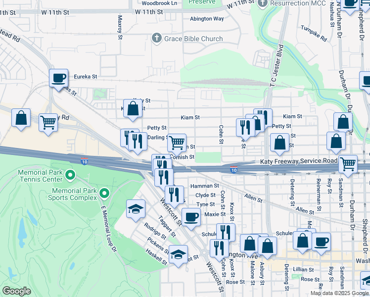 map of restaurants, bars, coffee shops, grocery stores, and more near 5729 Darling Street in Houston