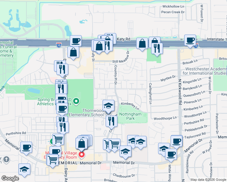 map of restaurants, bars, coffee shops, grocery stores, and more near 1101 Country Place Drive in Houston