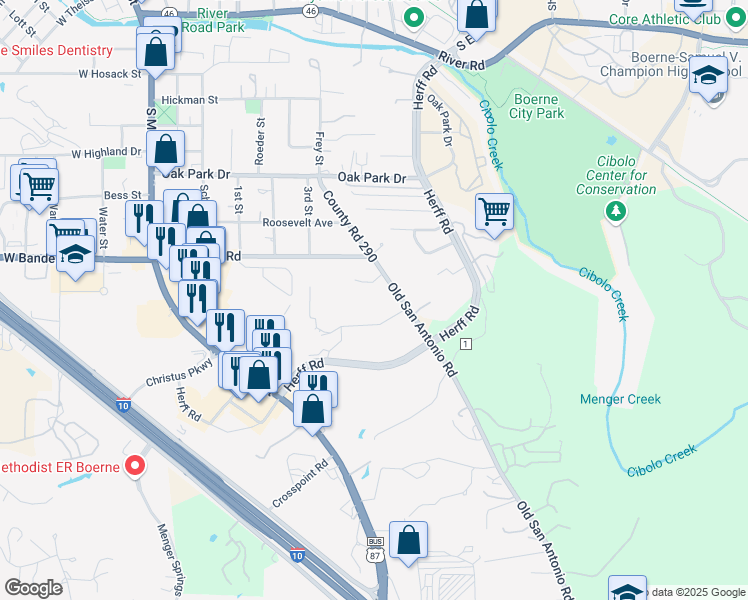 map of restaurants, bars, coffee shops, grocery stores, and more near 614 Frey Street in Boerne