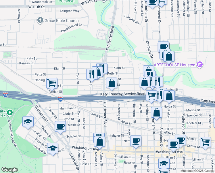 map of restaurants, bars, coffee shops, grocery stores, and more near 451 T C Jester Boulevard in Houston