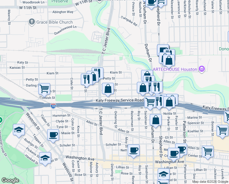 map of restaurants, bars, coffee shops, grocery stores, and more near 5313 Darling Street in Houston
