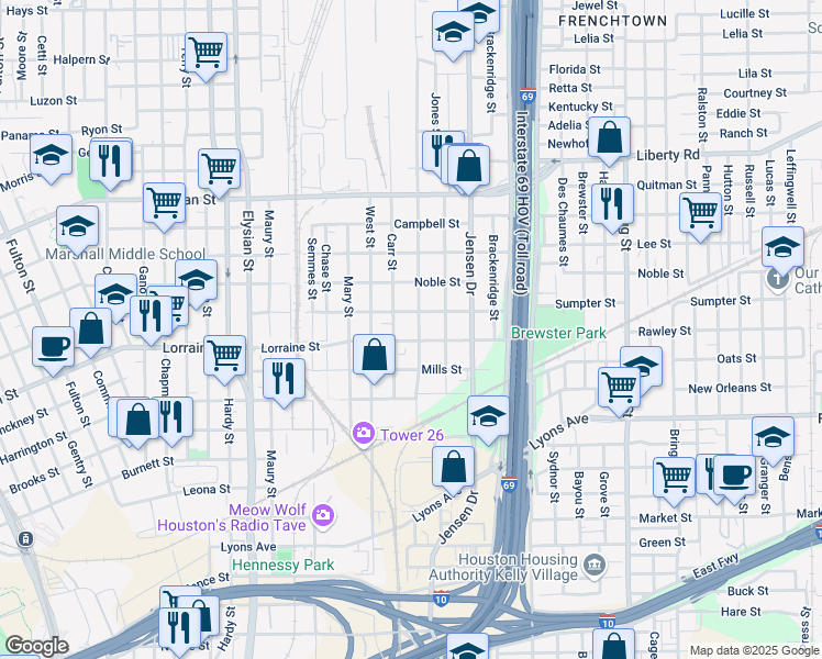 map of restaurants, bars, coffee shops, grocery stores, and more near 1905 Stevens Street in Houston
