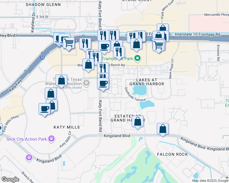 map of restaurants, bars, coffee shops, grocery stores, and more near 24754 Grand Harbor Drive in Katy