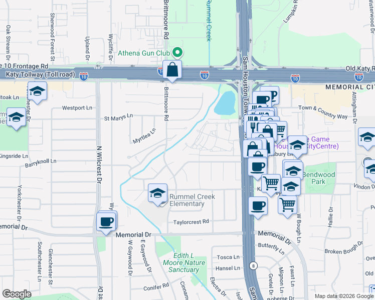 map of restaurants, bars, coffee shops, grocery stores, and more near 30b Trail Hollow in Houston