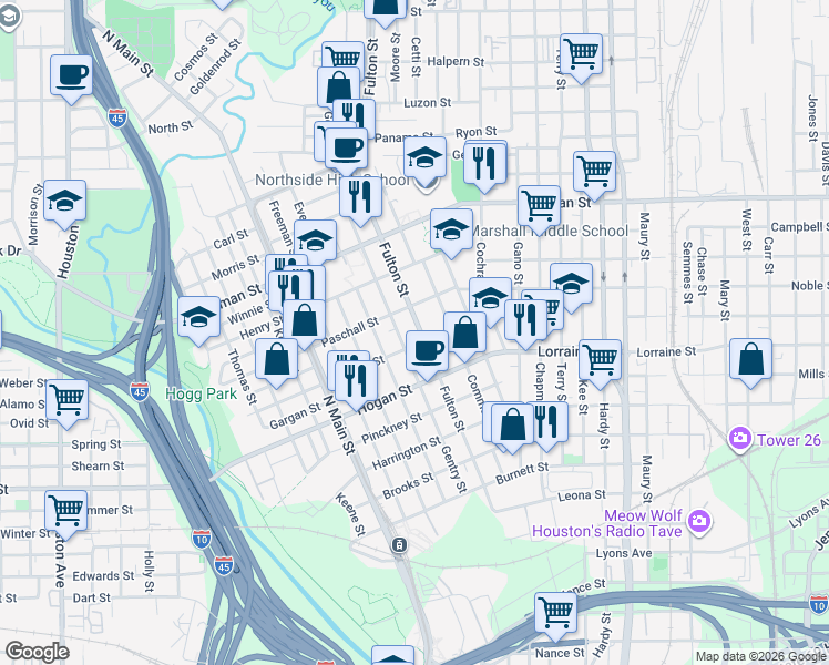 map of restaurants, bars, coffee shops, grocery stores, and more near 1109 James in Houston