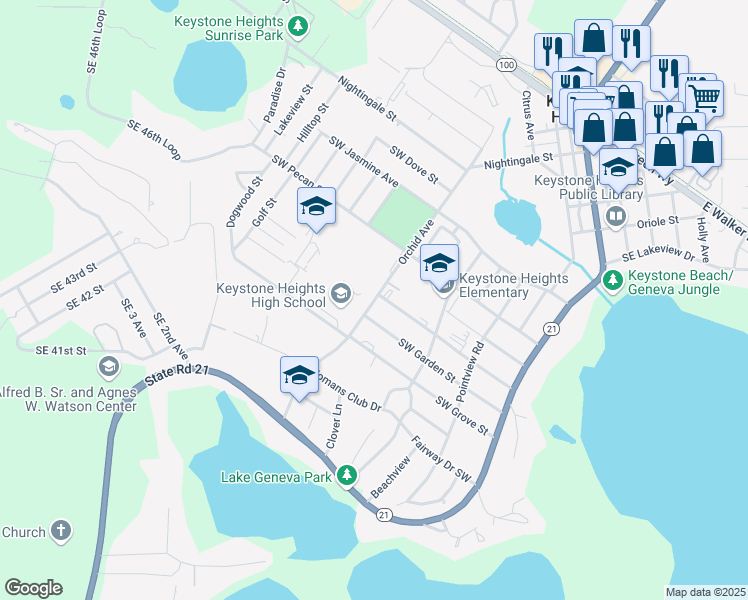 map of restaurants, bars, coffee shops, grocery stores, and more near 900 Orchid Avenue in Keystone Heights
