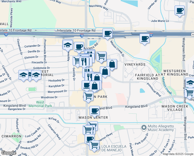 map of restaurants, bars, coffee shops, grocery stores, and more near 412 Park Grove Drive in Katy