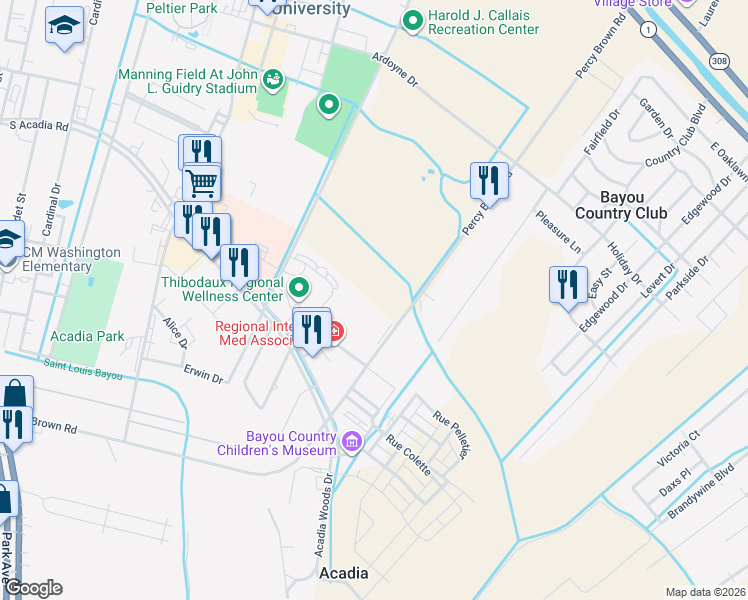 map of restaurants, bars, coffee shops, grocery stores, and more near 720 Percy Brown Road in Thibodaux