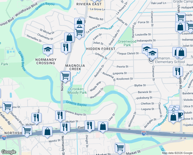 map of restaurants, bars, coffee shops, grocery stores, and more near 909 Redondo Drive in Houston