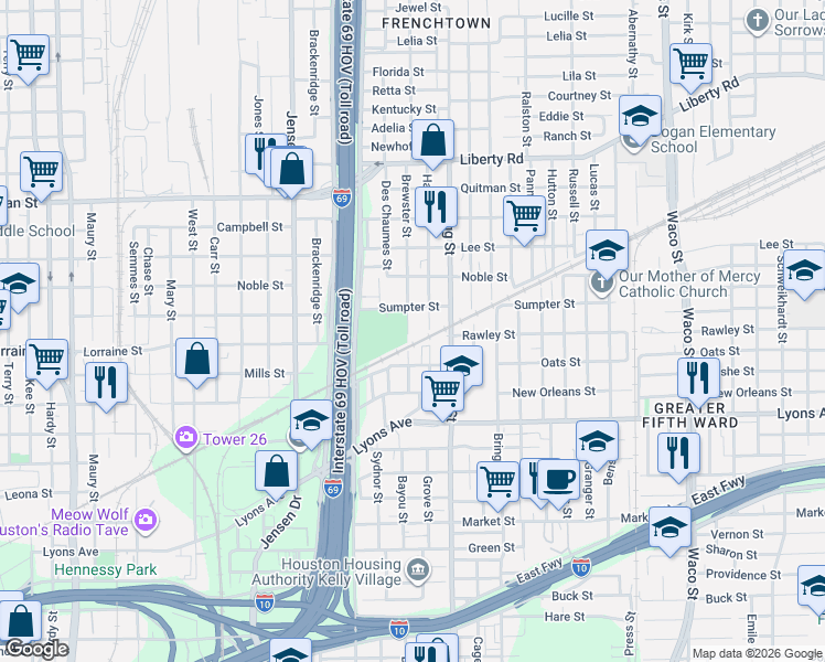 map of restaurants, bars, coffee shops, grocery stores, and more near 1913 Hailey Street in Houston