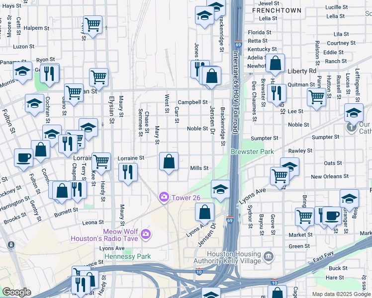 map of restaurants, bars, coffee shops, grocery stores, and more near 1920 Carr Street in Houston
