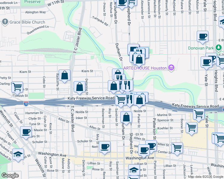 map of restaurants, bars, coffee shops, grocery stores, and more near 5001 Darling Street in Houston
