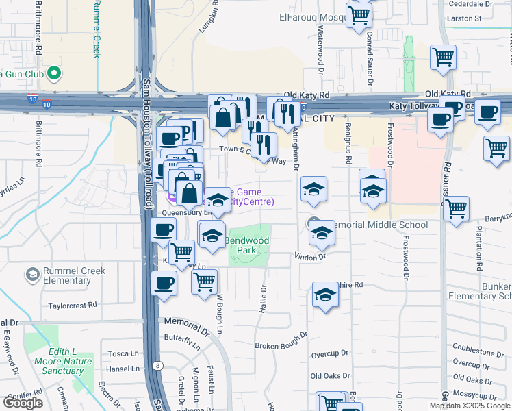 map of restaurants, bars, coffee shops, grocery stores, and more near 12703 Rocky Meadow Drive in Houston