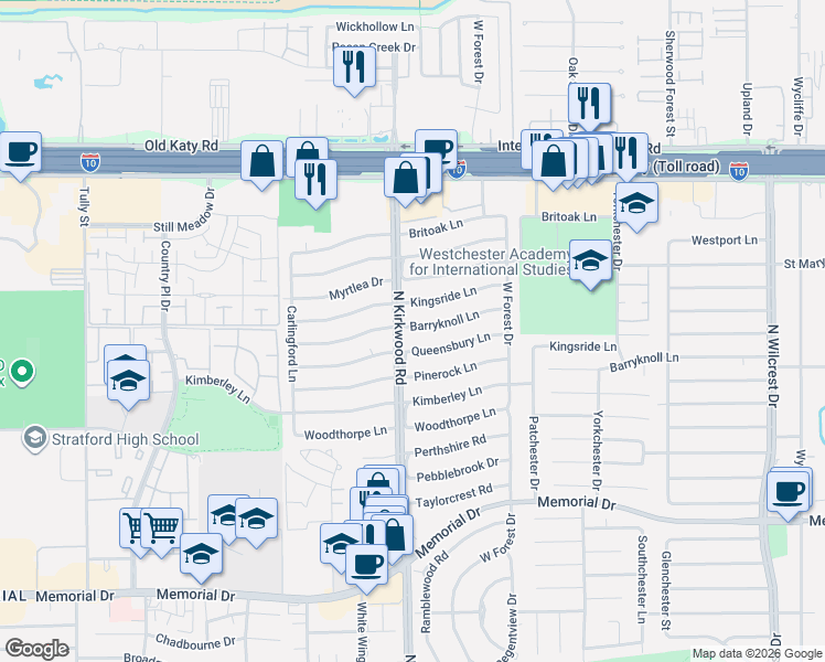 map of restaurants, bars, coffee shops, grocery stores, and more near 13922 Barryknoll Lane in Houston