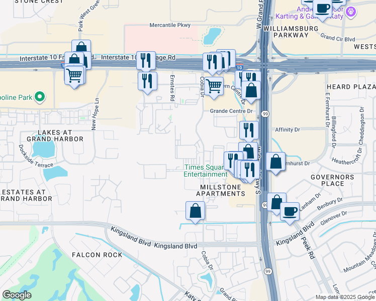 map of restaurants, bars, coffee shops, grocery stores, and more near Unnamed Road in Katy