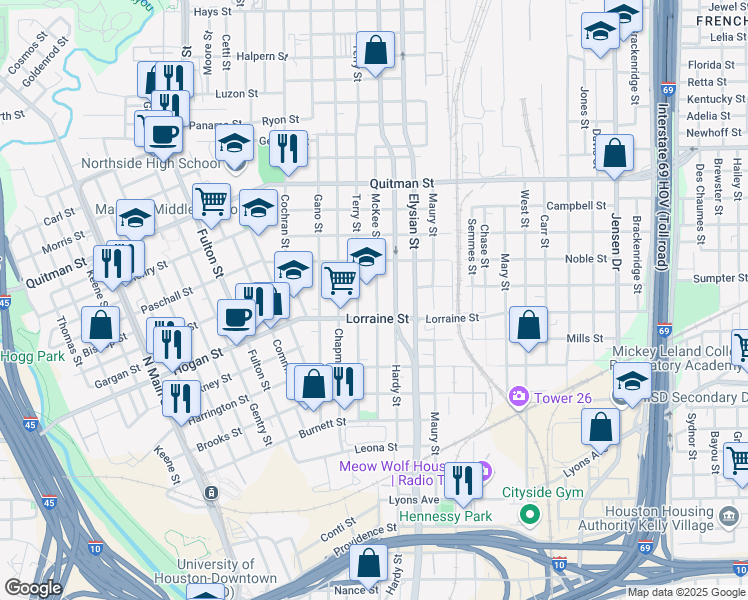 map of restaurants, bars, coffee shops, grocery stores, and more near 1909 McKee Street in Houston