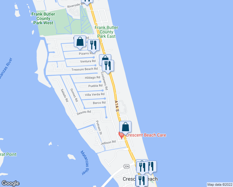 map of restaurants, bars, coffee shops, grocery stores, and more near 6240 A1A South in St. Augustine
