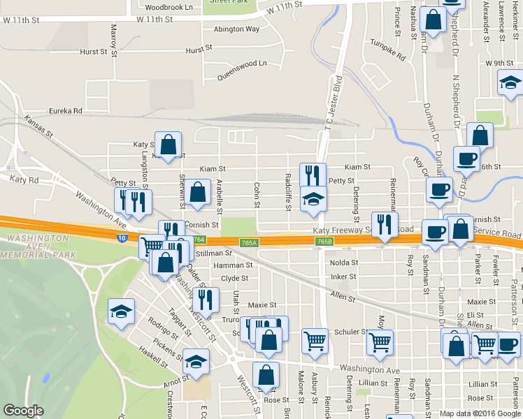 map of restaurants, bars, coffee shops, grocery stores, and more near 5533 Larkin Street in Houston