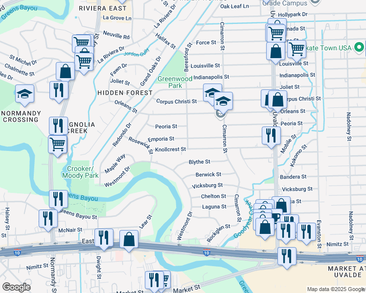 map of restaurants, bars, coffee shops, grocery stores, and more near 13025 Knollcrest Street in Houston