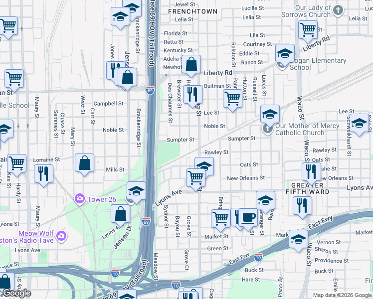 map of restaurants, bars, coffee shops, grocery stores, and more near 1913 Hailey Street in Houston