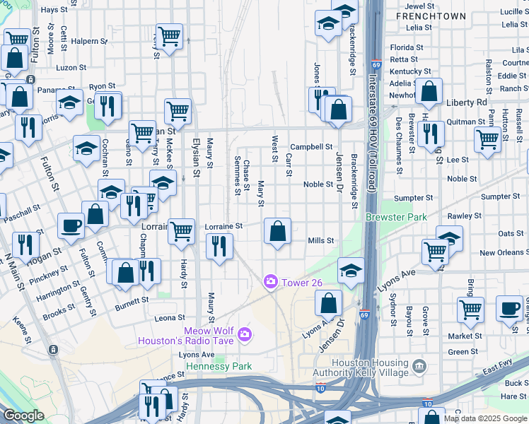 map of restaurants, bars, coffee shops, grocery stores, and more near 1921 West Street in Houston