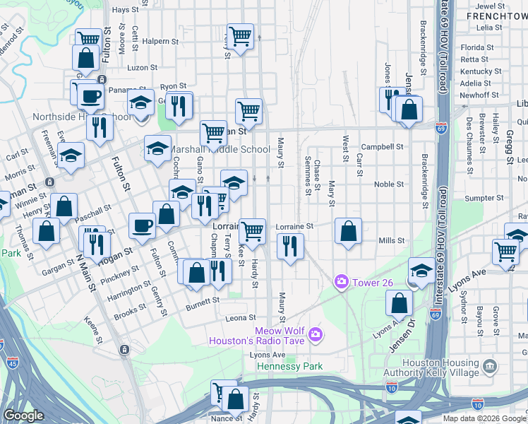 map of restaurants, bars, coffee shops, grocery stores, and more near 1924 Elysian Street in Houston