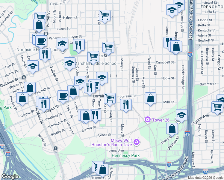 map of restaurants, bars, coffee shops, grocery stores, and more near 1924 Elysian Street in Houston