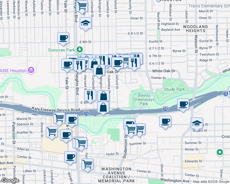 map of restaurants, bars, coffee shops, grocery stores, and more near 448 Columbia Street in Houston