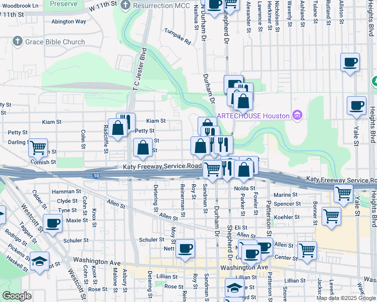 map of restaurants, bars, coffee shops, grocery stores, and more near 5122 Larkin Street in Houston