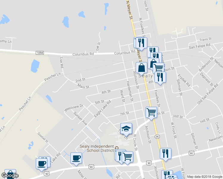 map of restaurants, bars, coffee shops, grocery stores, and more near 705 4th Street in Sealy