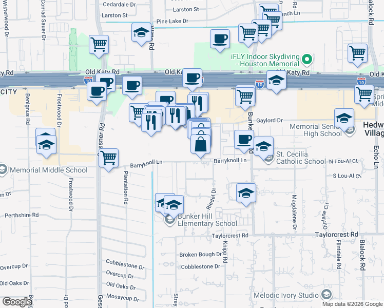 map of restaurants, bars, coffee shops, grocery stores, and more near 12000 Barryknoll Lane in Houston