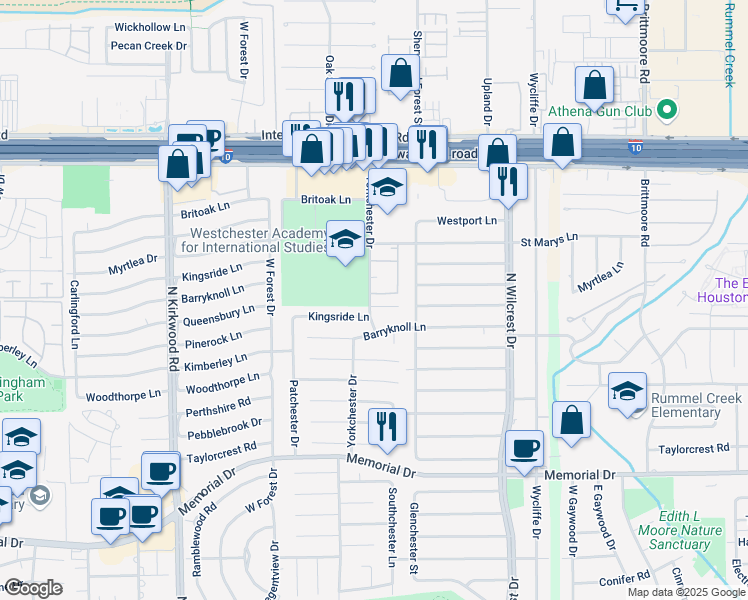 map of restaurants, bars, coffee shops, grocery stores, and more near 13622 Kingsride Lane in Houston