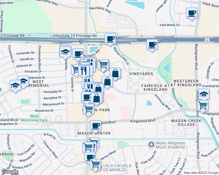 map of restaurants, bars, coffee shops, grocery stores, and more near 21733 Provincial Boulevard in Park Row