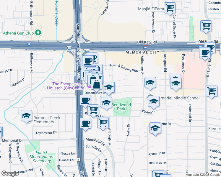 map of restaurants, bars, coffee shops, grocery stores, and more near 801 Town & Country Lane in Houston
